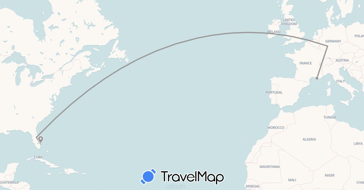 TravelMap itinerary: plane in Germany, France, United States (Europe, North America)